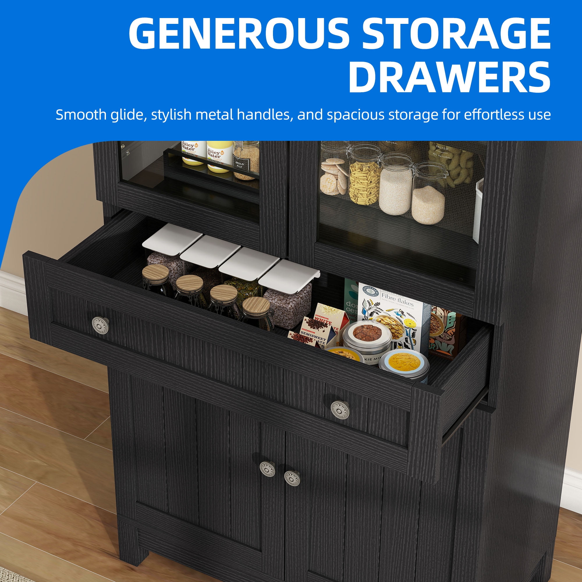 DEXTRUS 71" Tall Kitchen Pantry with Door & Drawer, Arched Kitchen Pantry Storage Cabinet, Black