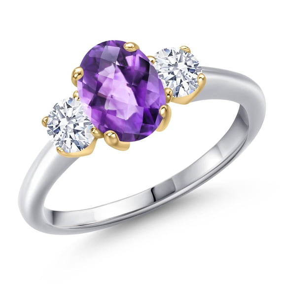 Gem Stone King 10K Two Tone Gold Purple Amethyst and White Zirconia Engagement Ring for Women | 1.70 Cttw | Oval Checkerboard 8X6MM | Gemstone February Birthstone | Size 7