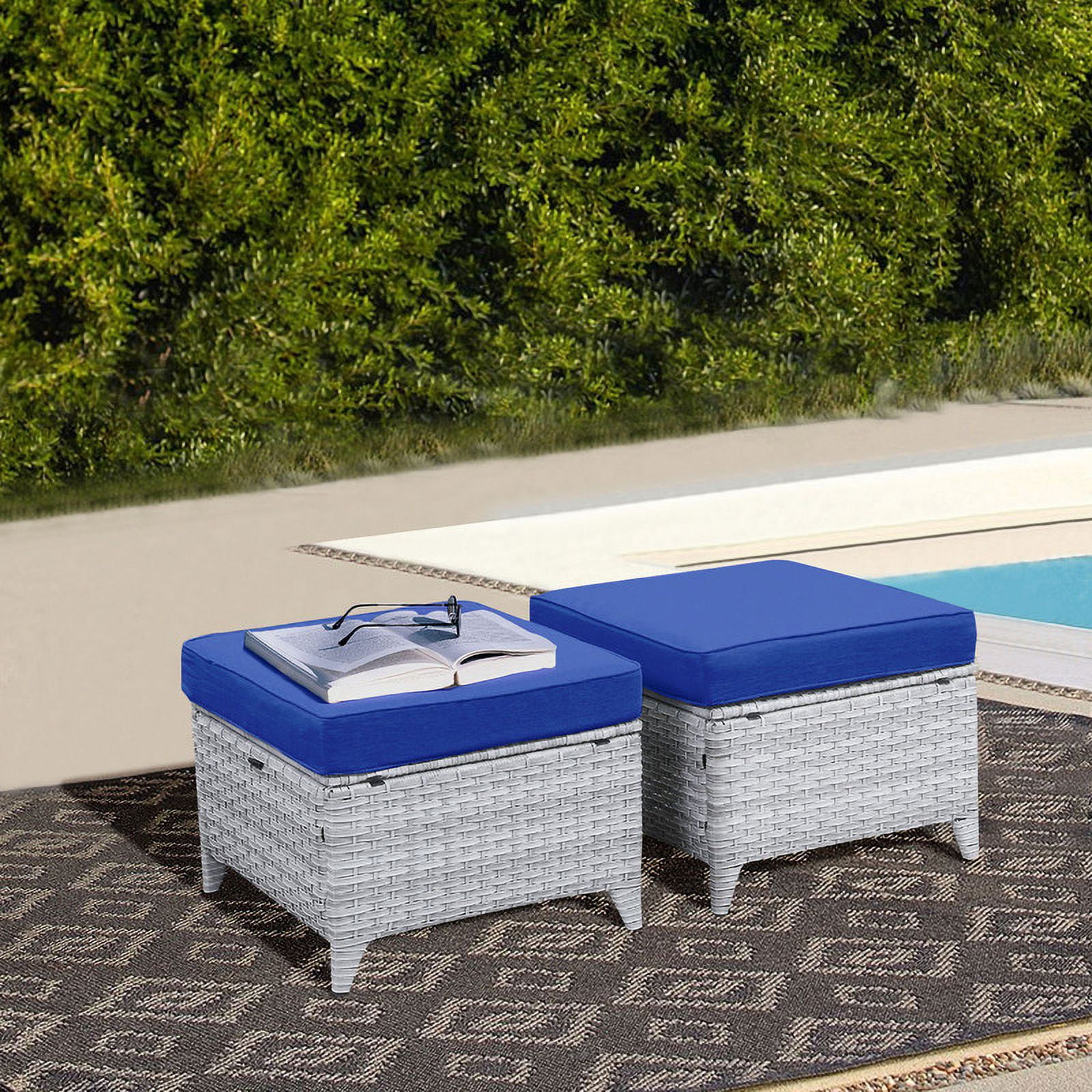 PARKWELL 2PCS Outdoor Wicker Ottoman Patio Rattan Furniture Footrest Seat Square Footstool w/Blue Cushion