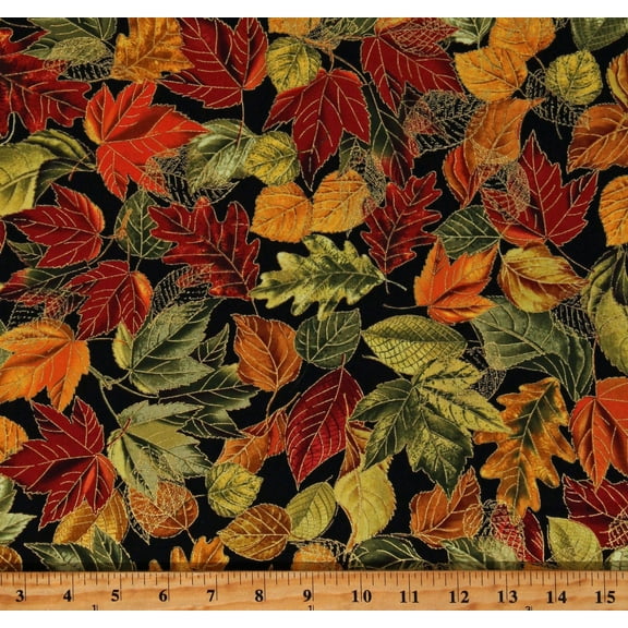 Cotton Fall Leaves Autumn Metallic Gold Accents Seasonal Cotton Fabric Print by the Yard (HARVEST-CM2803-BLACK)