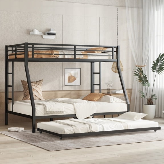 Twin over Full Metal Bunk Bed with Twin Size Trundle, Black - Sturdy Metal Construction, No Noise & Under Bed Storage