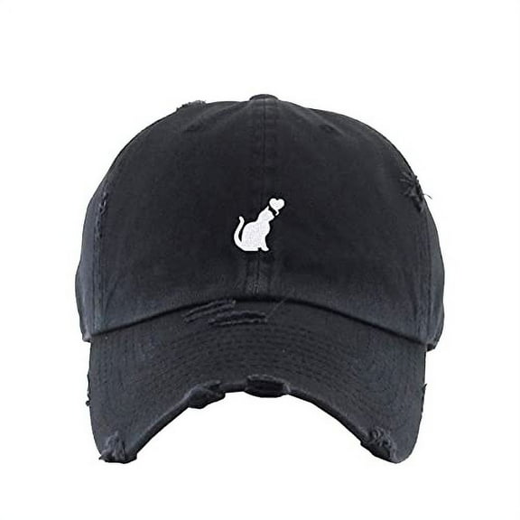 Cat with Heart Vintage Baseball Cap Embroidered Cotton Adjustable Distressed Dad Hat Brush Black