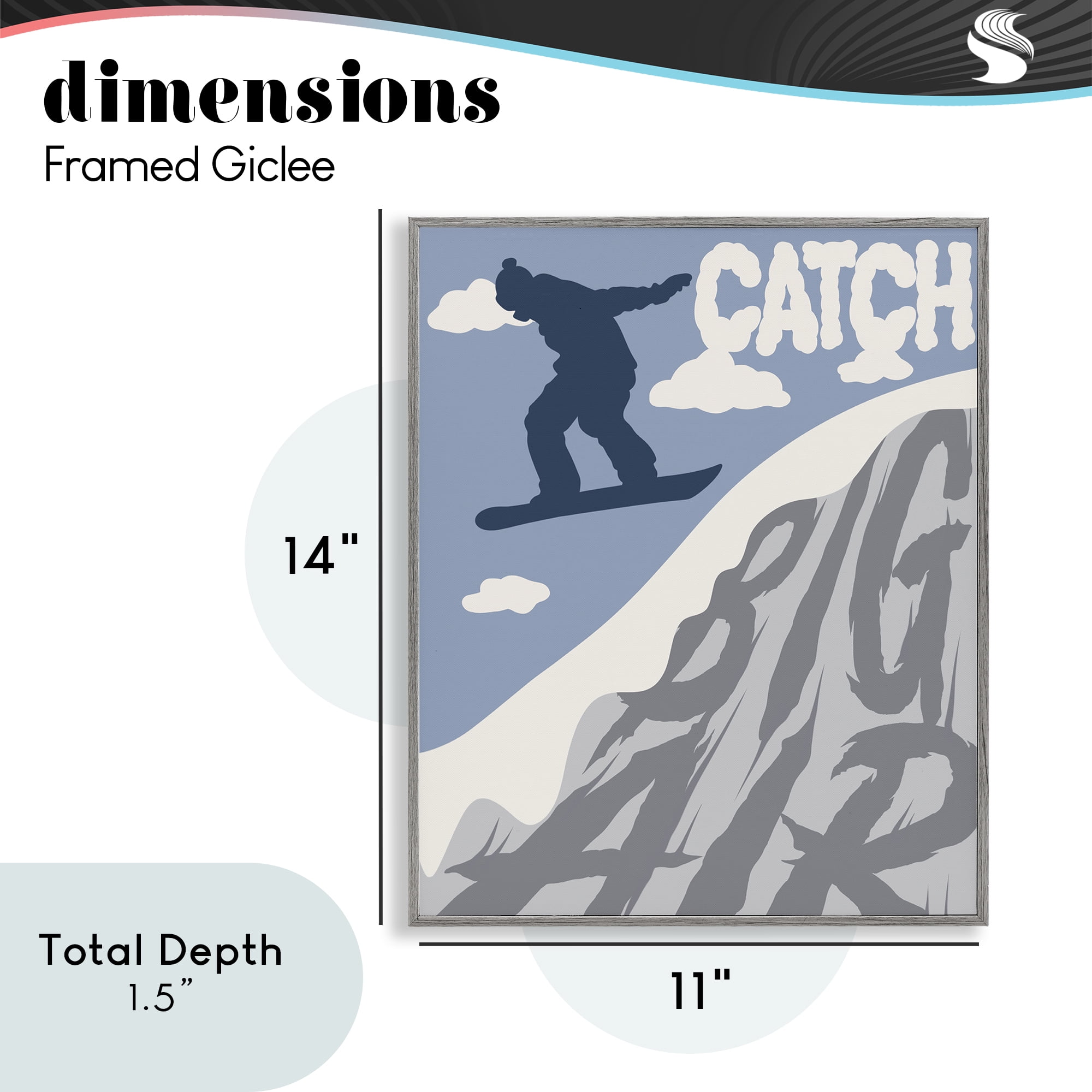 Catch Big Air Snowboard Gray Framed Giclee Art, design by Marcus Prime