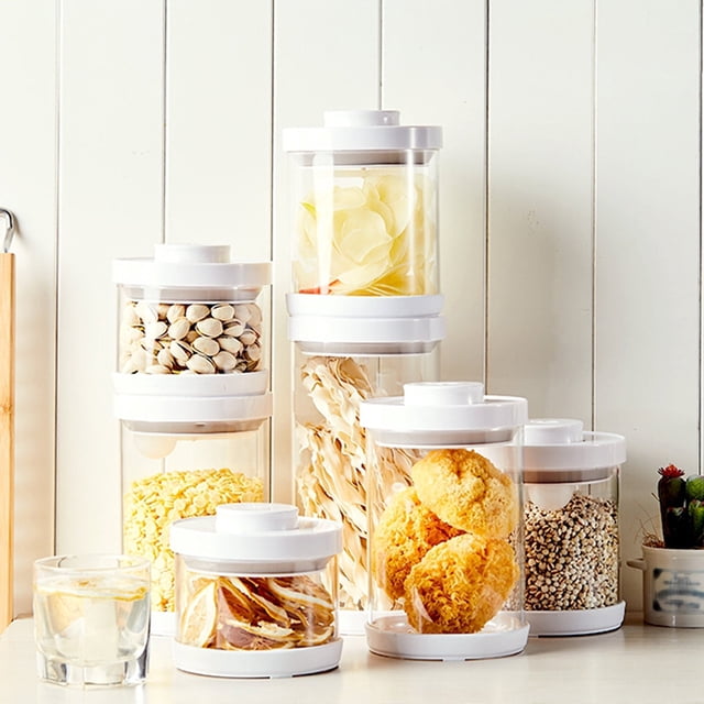 Xihbxyly Tarro de Almacenamiento con Botón Pulsador, Recipiente de Vidrio Transparente, Diseño de Cierre Hermético, Apertura Práctica, Multiusos, Organización Del Hogar, Ideal para Cereales y Café, O