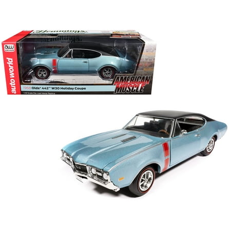 1968 Oldsmobile 442 W30 Holiday Coupe Teal Frost Metallic with Red Stripes and Black Vinyl Top "Hemmings Motor News July 2023 Cover Car" "American Muscle" Series 1/18 Diecast Model Car by Auto World