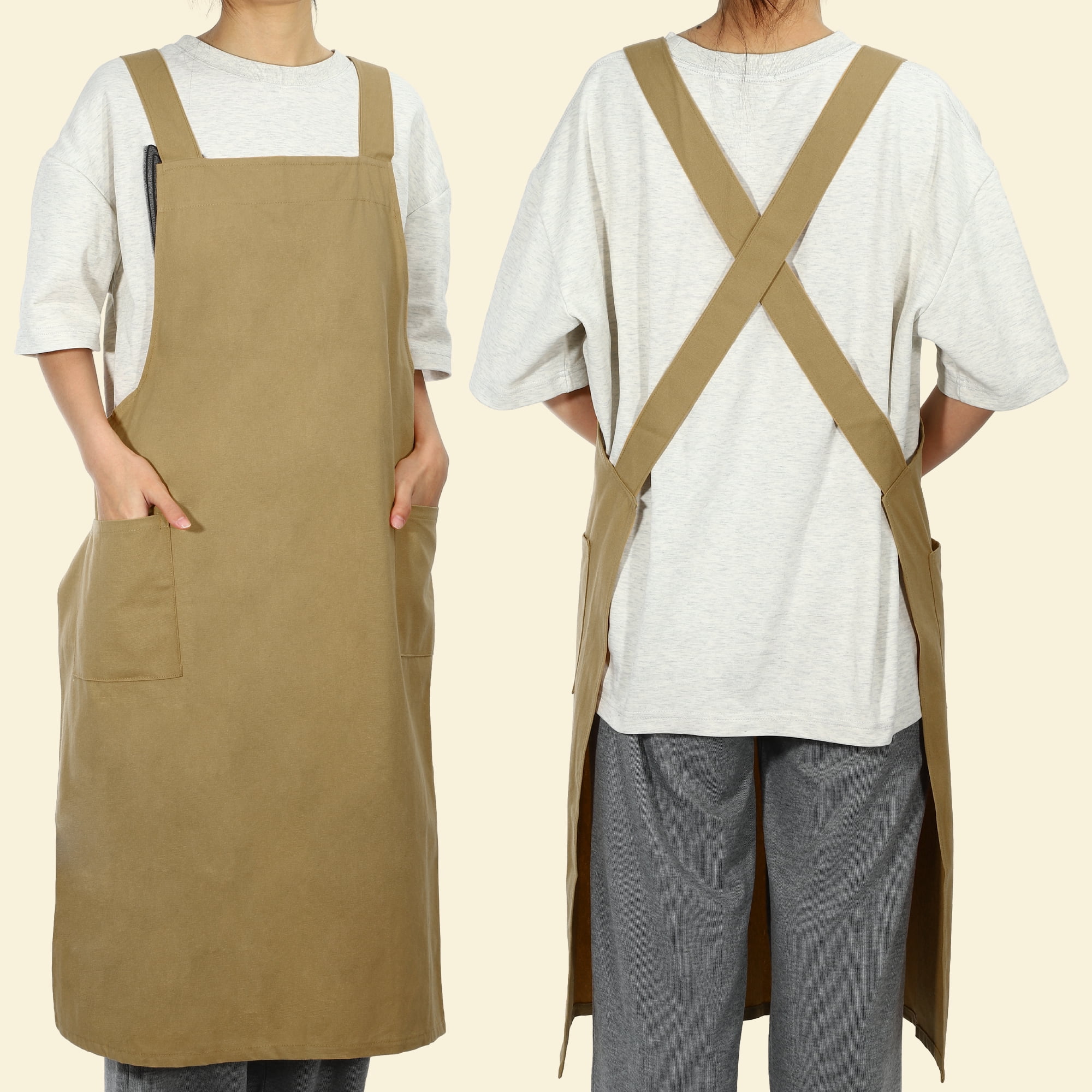 Unique Bargains Cotton Linen Apron Cross Back Apron with Pockets Yellow