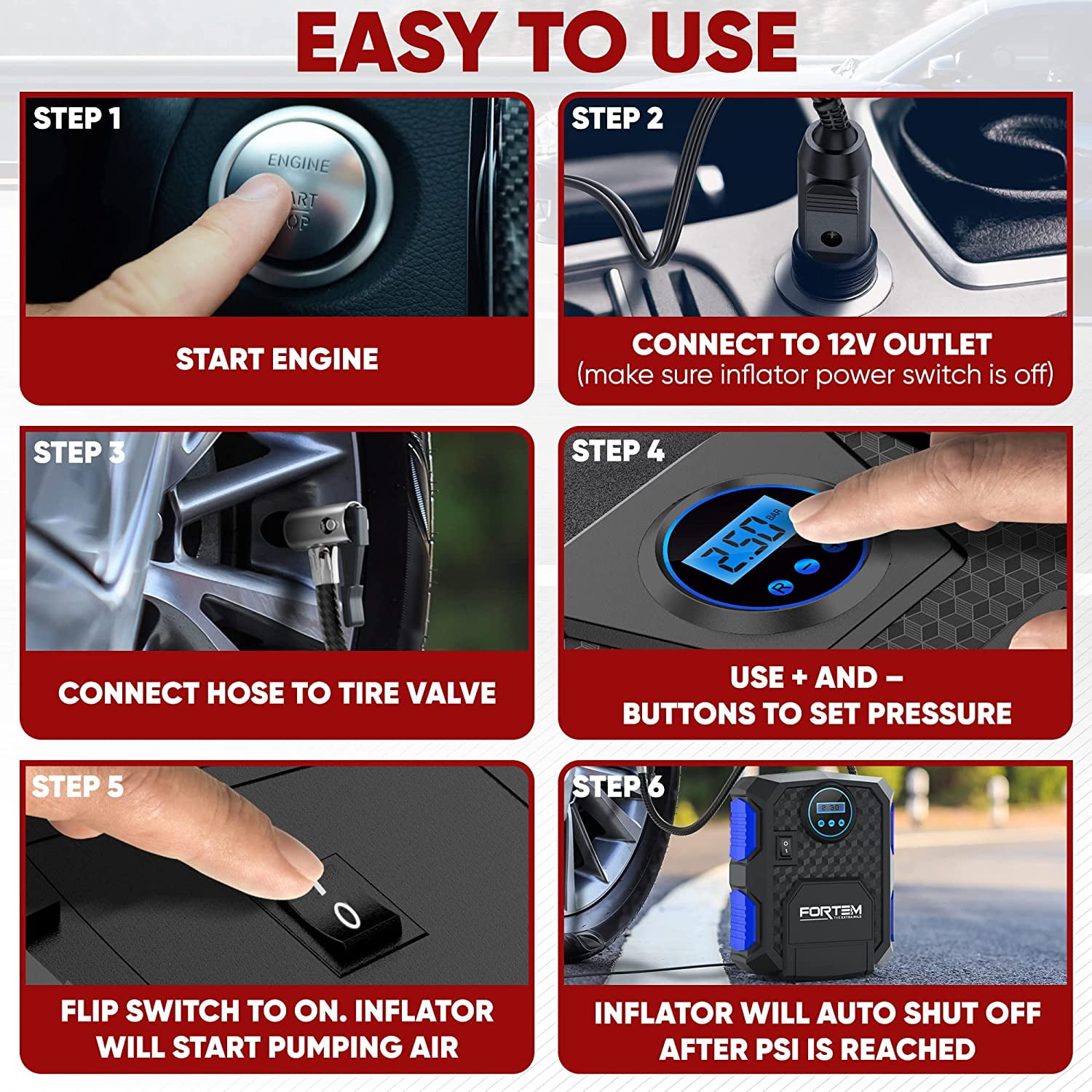Fortem digital tire inflator for car outlet