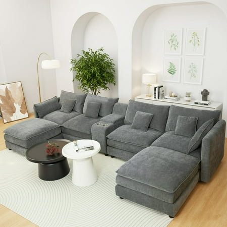 SEENYOO 144" U Shaped Couch, Modular Sectional Cloud Sofa with Cup Holder,Chenille,4 Seat Sleeper sofa with Chaise for Living Room, Apartment,Light Grey