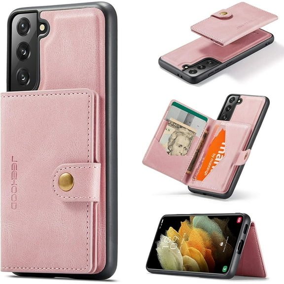Case for Samsung Galaxy S22 Plus [Not for S22 or S22 Ultra], Detachable Magnetic Wallet Credit Card Slot Kickstand Cover Support Wireless Charging Compatible with Samsung Galaxy S22 Plus (Pink)