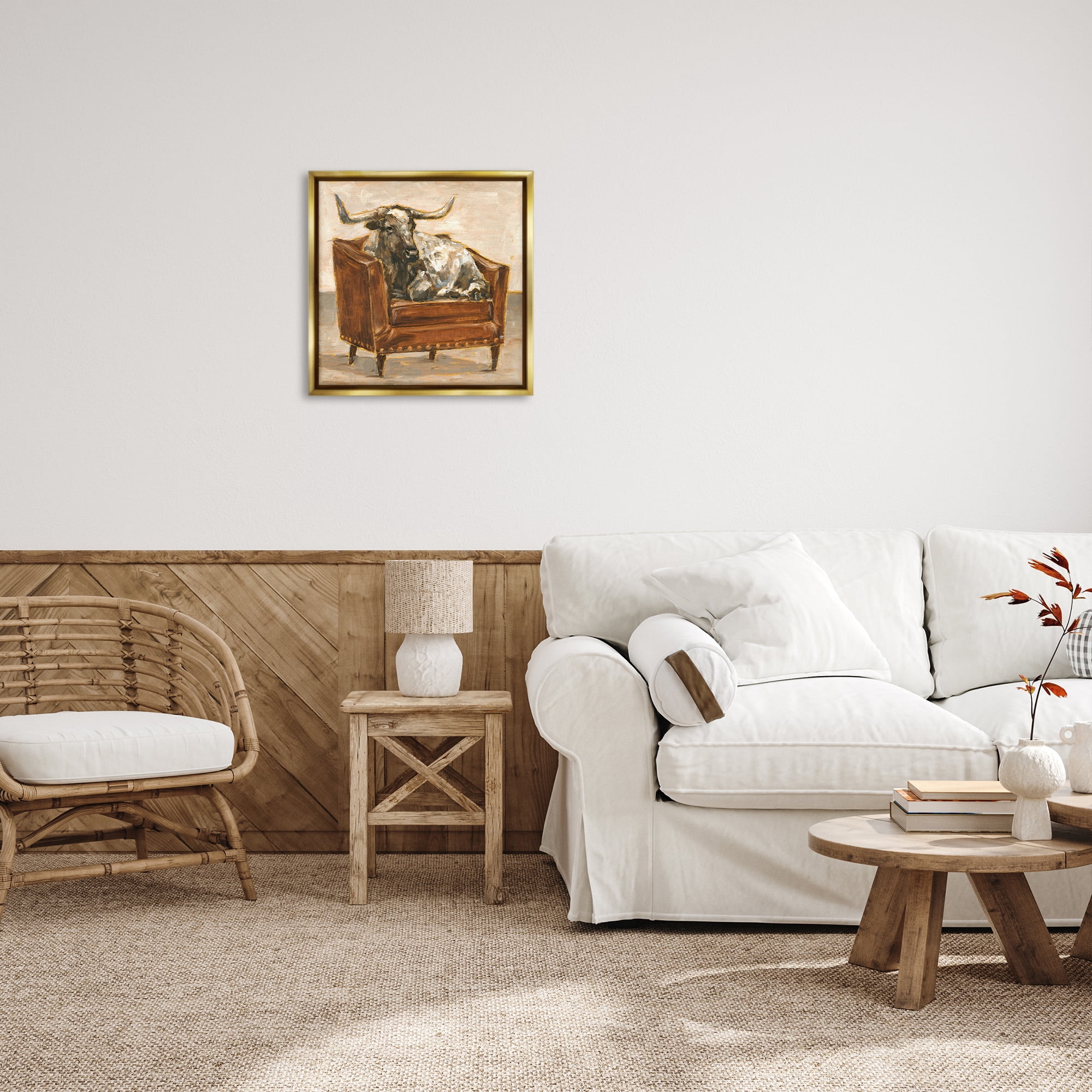 Stupell Industries Brown Bull Resting in Chair Painting Animals & Insects Painting Gold Floater Framed Canvas Art Print Wall Art, 25 x 25