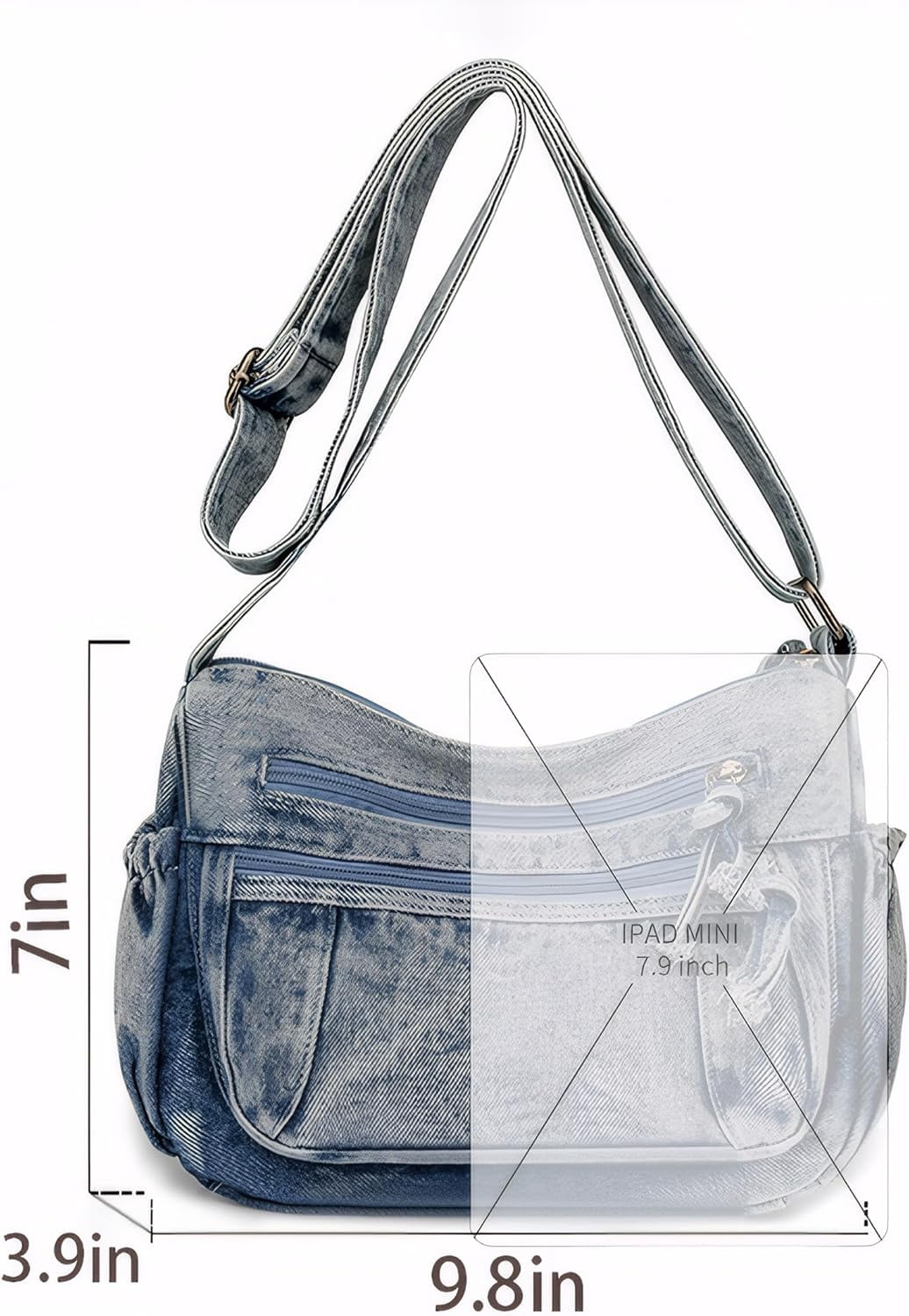Denim Crossbody Shoulder Bag for Women Vintage Jean Casual Purse with Adjustable Strap