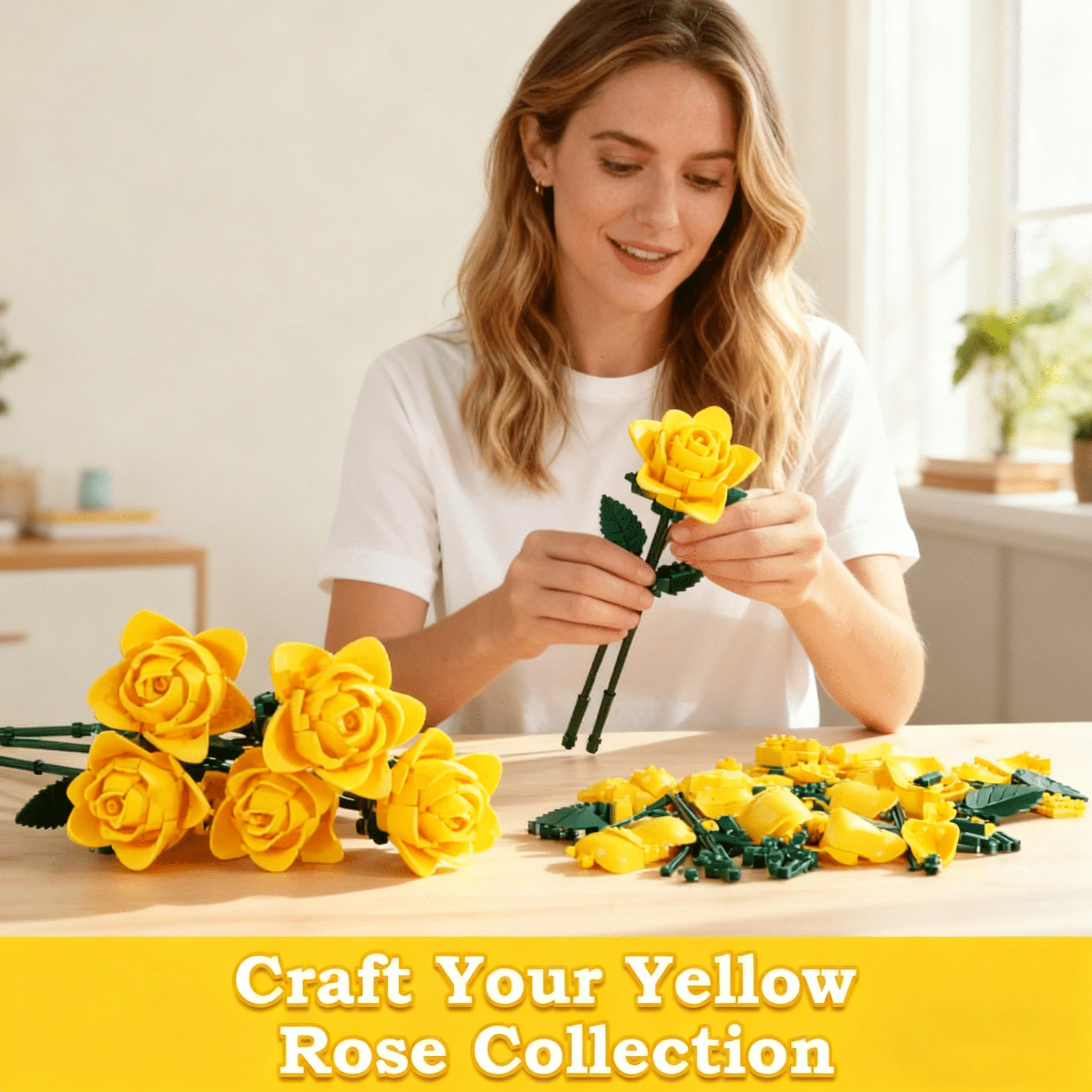 BrickPhos-Yellow Rose Flower Bouquet Building Set Toys ,Mothers Halloween Christmas Valentine's Day Gifts for Her  (585pcs)