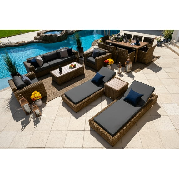 Malmo Combination Furniture for Outdoor – Wicker Patio Furniture Set with Sofa Set, Eight-seat Dining Set, and Chaise Lounge Set (16-Piece, Full-Round Natural Wicker, Sunbrella Canvas Charcoal)