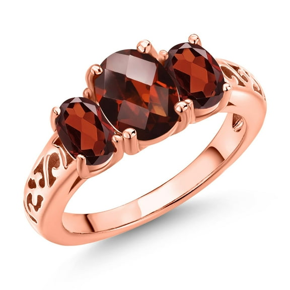 Gem Stone King 18K Rose Gold Plated Silver Red Garnet Filigree Style 3 Stone Ring for Women (2.67 Cttw, Oval 8X6MM and 6X4MM) (Size 5)
