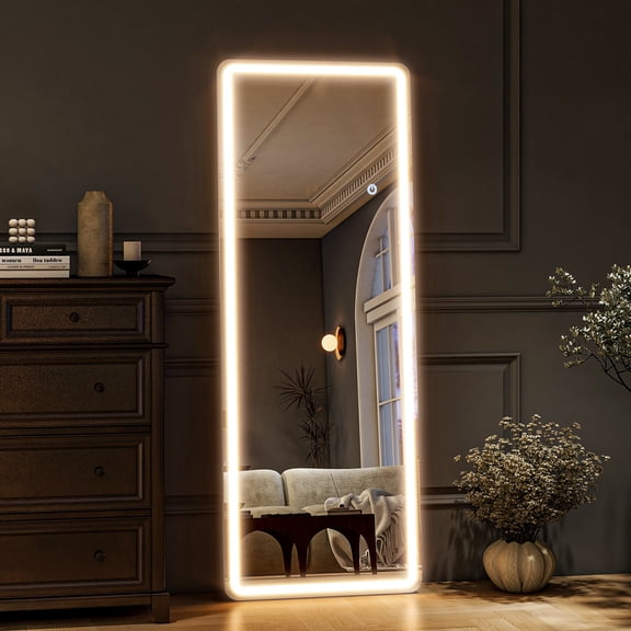 BEAUTYPEAK 60" x 16" LED Rectangular Full Length Mirror Standing Floor Mirror with Safe Corners,White