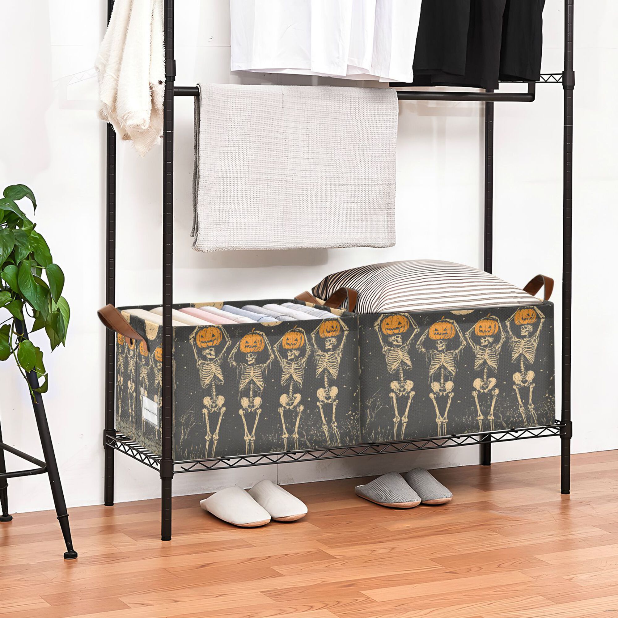 Yayeee Foldable Storage Basket for Shelves with Handles Waterproof Cloth Bins, Beige Halloween Skeleton