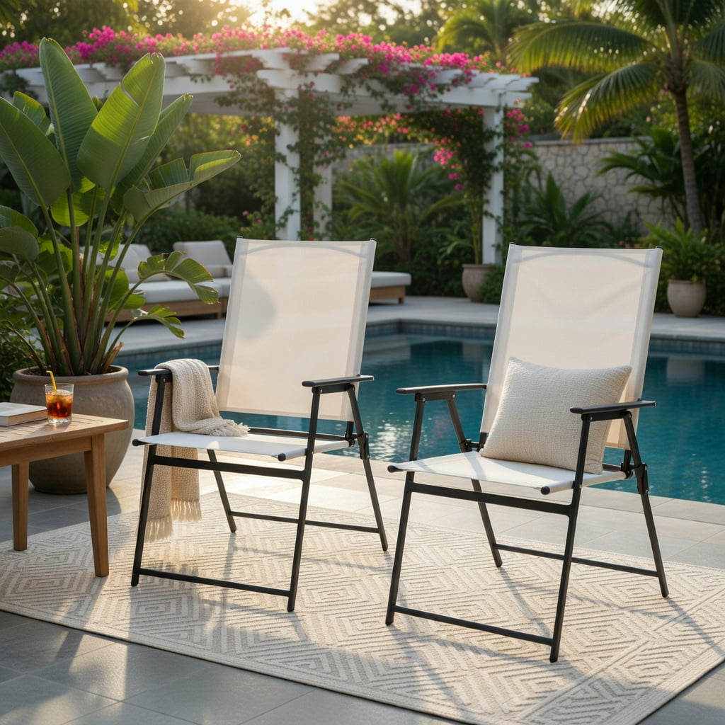 Hommoo 2-Pack Foldable Patio Chairs with Armrests, Heavy-Duty Metal Outdoor Chairs for Deck, Garden, Yard & Camping, White