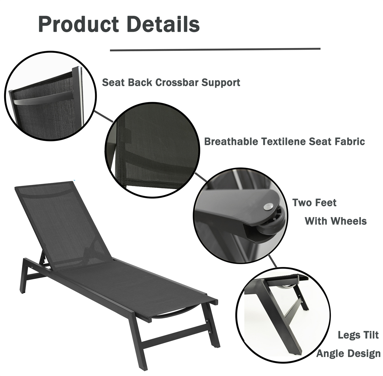 Outdoor Chaise Lounge Chair with Wheels, Five-Position Adjustable Aluminum Patio Lounge Chair Set, Sunbathing Reclining Chair for Beach, Yard, Patio, Pool, Home Office Sitting Area, Black - image 2 of 7