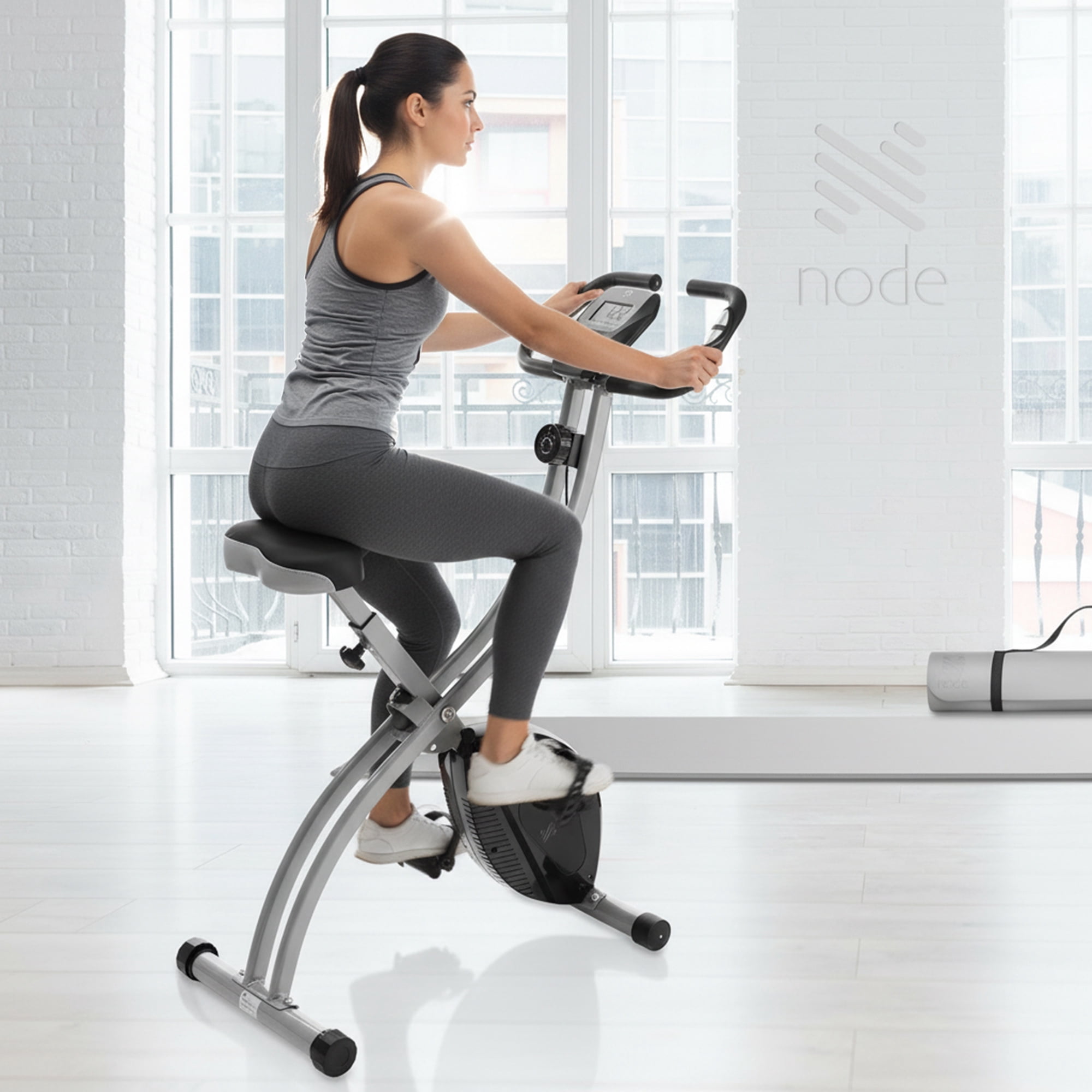 Node Fitness Indoor Cycling Bike - Folding, Upright Stationary Exercise Cycle with Magnetic Resistance