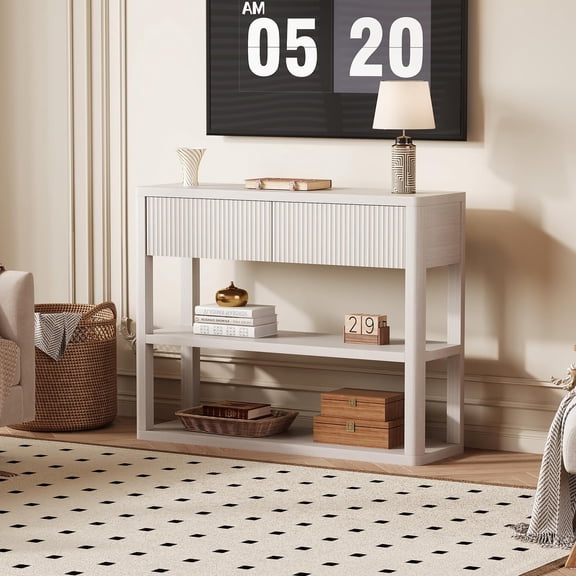 Fluted Entryway Table with 2 Drawers, Console Table with 3-Tier Storage Shelves, Modern Sofa Table Behind the Couch for Living Room Entrance Hallway Foyer 34.6" White Grey