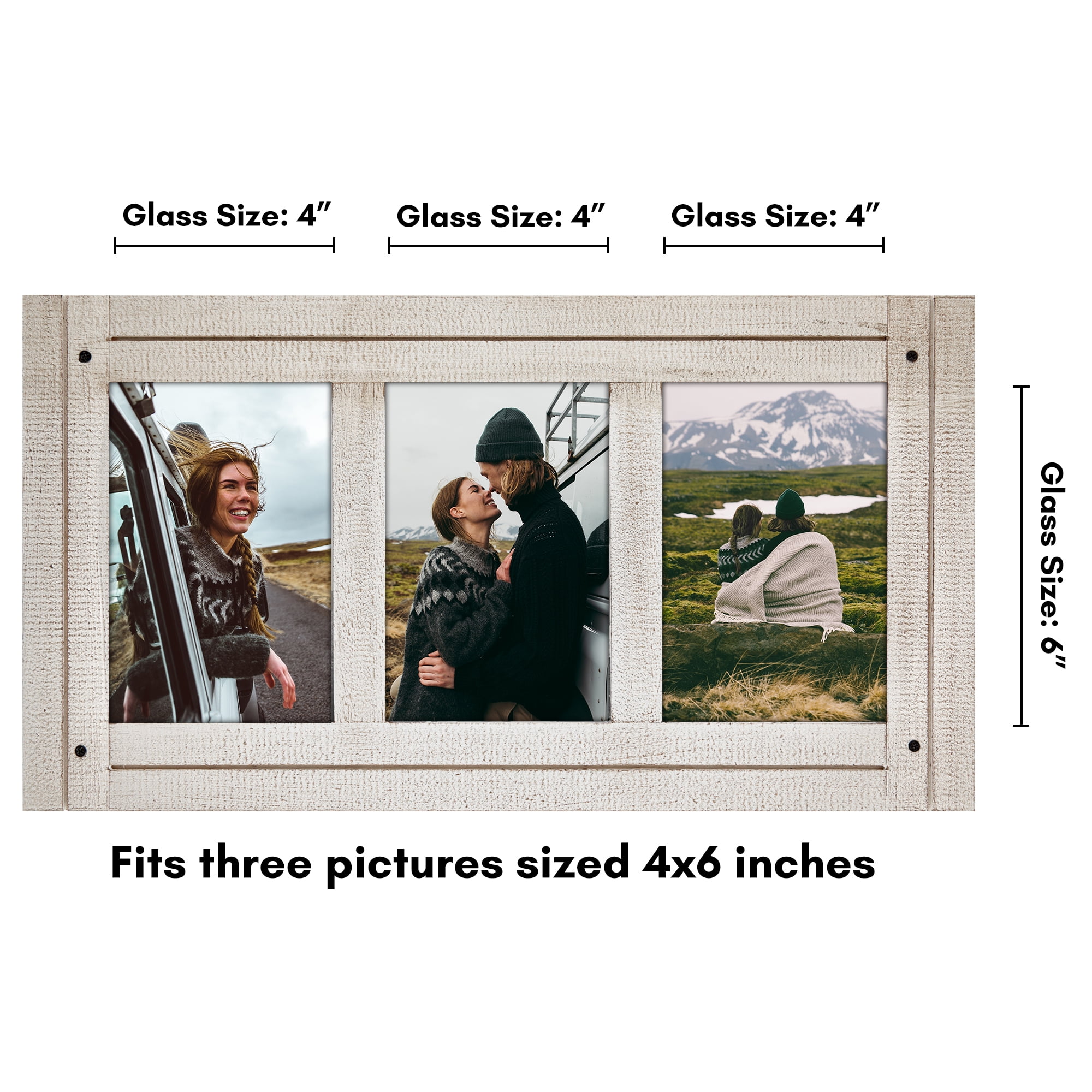 Americanflat 4x6 Hinge Frame Hinged Triple Photo Openings Polished Glass Distressed Collage - Aspen White
