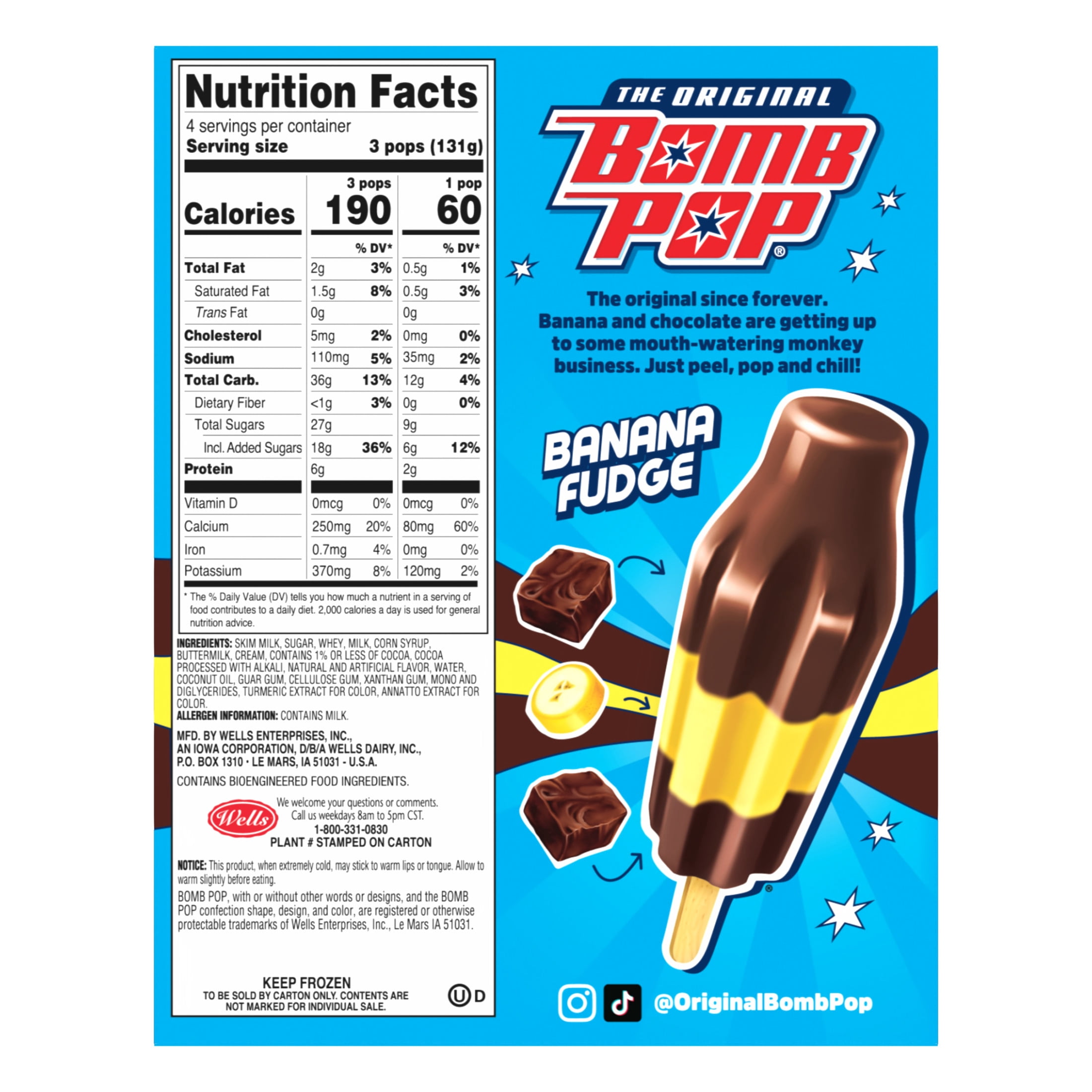 Bomb Pop Banana Fudge Freeze Ice Pop, Frozen Freezer Dessert, 12 Pack