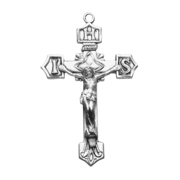 Sterling Silver IHS Crucifix Pendant Necklace with 24" Rhodium Plated Stainless Steel Chain Necklace, Rosary Crucifix, Made in USA- Deluxe Velvet Gift Box Included