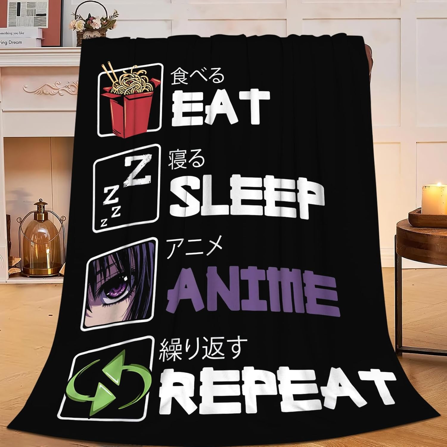 Eat Sleep Anime Blanket for Boys Girls Flannel Anime Throw Blanket Ultra Soft Cozy Fleece Decor Blankets Gift for Womens Mens Couch Sofa Bed 60" x 50"
