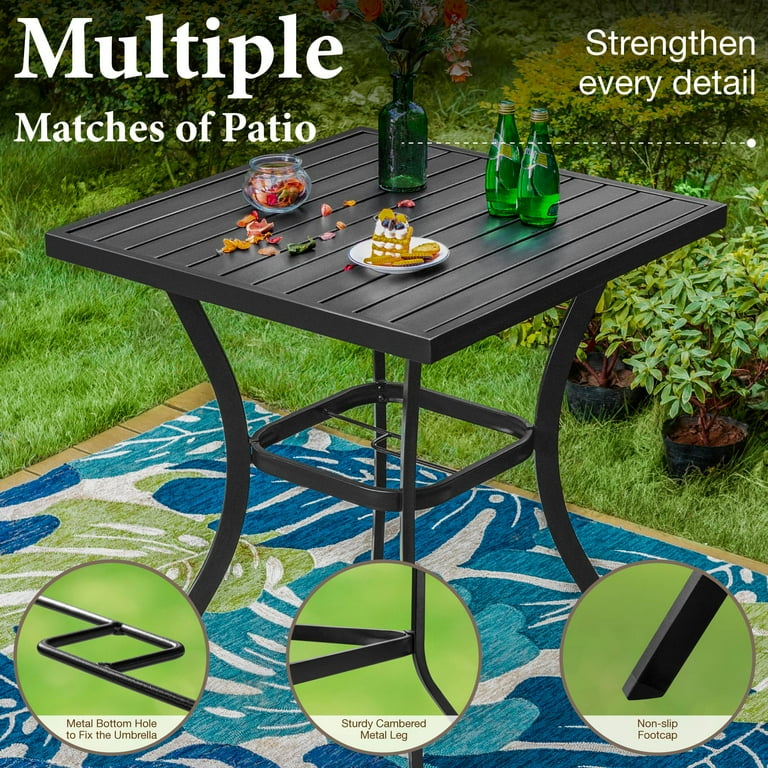 bar height patio set with umbrella hole Summit Living 5-Piece Rattan Pub Set, High-Back Cushioned Swivel Stools & Counter Table, Black & Gray