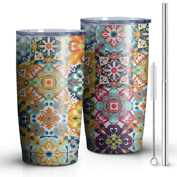 20oz Tumbler with Lid and Straw Stainless Boho Flowers Steel Vacuum Insulated Water Coffee Tumbler Cup, Double Wall Vacuum Insulated Travel Mug Reusable Tumblers for Ice Drinks, Hot Beverage
