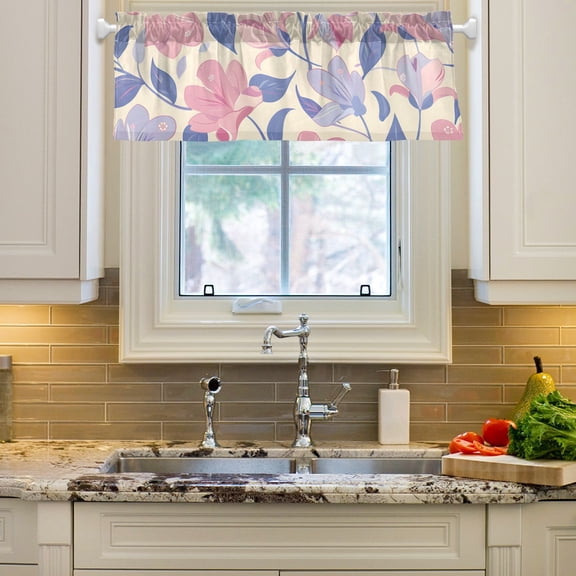 Purple Leaves Flowers Curtain Valances Farmhouse Design Window Treatment Decor Blackout Rod Pocket for Windows Living Room Kitchen 54" x 18"