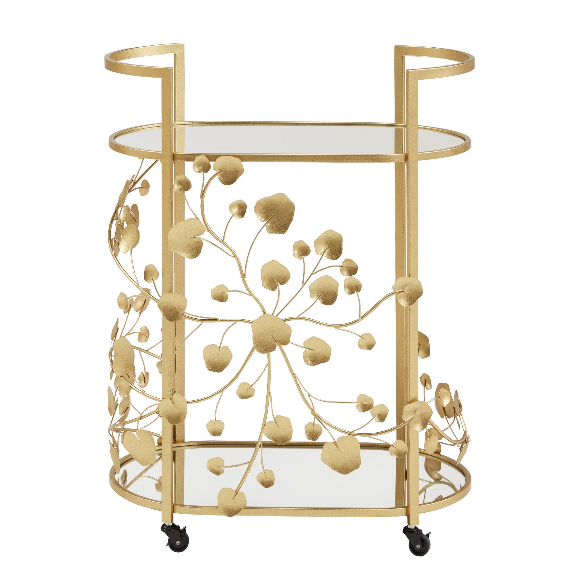 Weston Home Greenpoint Gold Finish Foliage Bar Cart with Mirror Top and Bottom