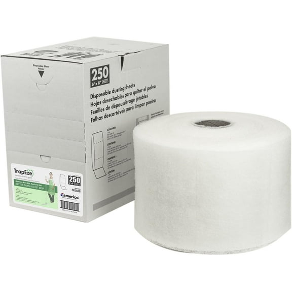 Americo Trapeze Disposable Dusting Sheets, 8" x 6", 125 Ft, White, 250 Sheets, 1 Roll, Ideal for Sweeping Hard Surfaces