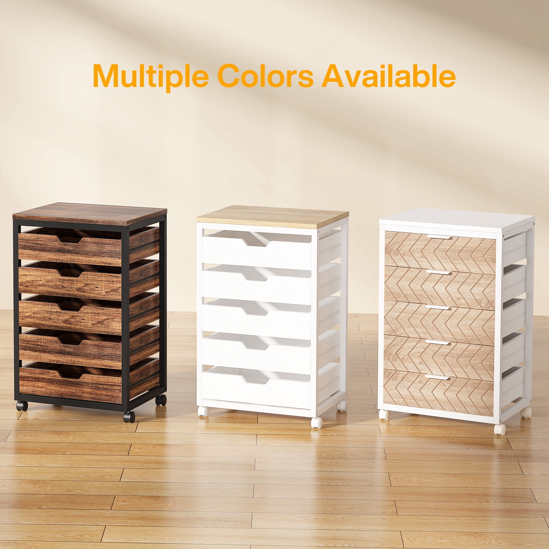 Tribesigns Modern 5-Drawer Dresser for Bedroom, Small Portable Chest of Drawers with Wheels and Metal Frame for Living Room, Beige & White