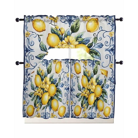 Yellow Lemon Swag Kitchen Curtains Sets for Windows 24 Inch Length, Middle Century Blue Italian Textured Short Window Curtain Panels Swags Valances and Tiers 3 Piece Set for Cafe/Dining Room