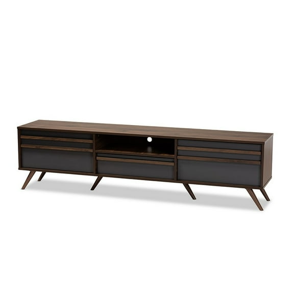 Contemporary Two-Tone Grey & Walnut Finished Wood TV Stand with Drop-Down Compartments