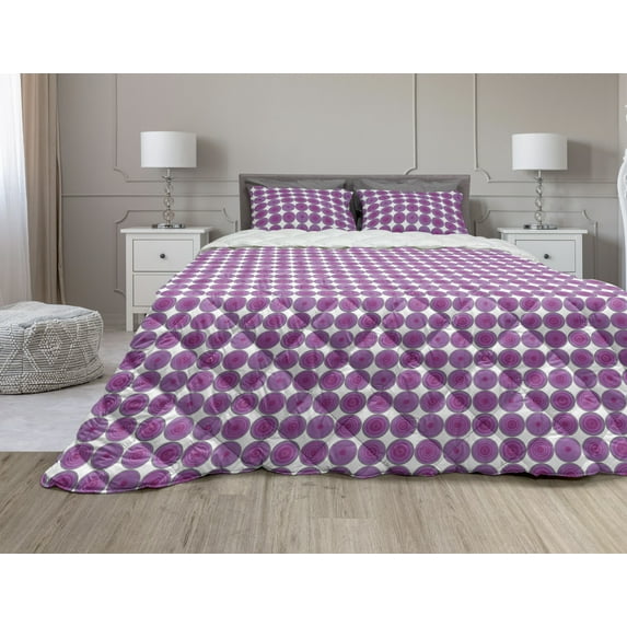 Abstract Comforter & Sham Bedding Set, Repetitive Pattern of Modern Rounds with Retro Influences Quirky and Monochrome, 3 pcs Duvet Set Microfiber Filling Quilt, 5 Sizes, Purple White, by Ambesonne