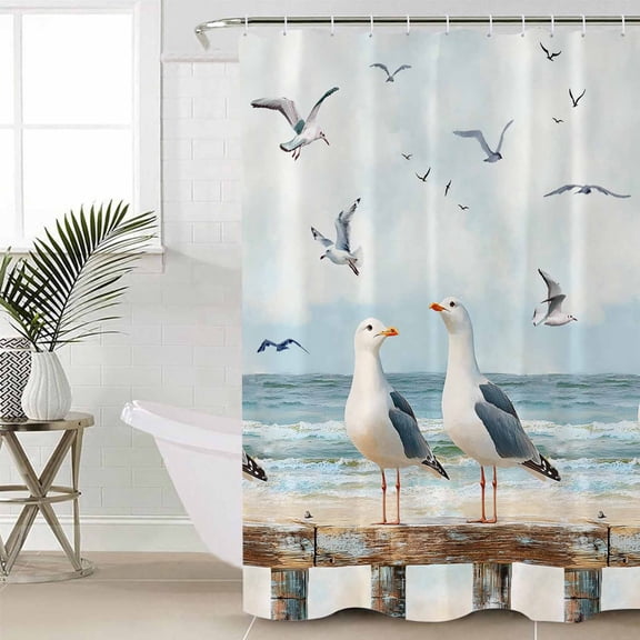 Shower Curtain for Bathroom Summer Beach Bird SeagullWaterproof Bath Curtains Shower Curtains with Hooks,Ombre Ocean Retro FenceBathroom Curtain Privacy Drapes for Bathtubs Toilet 36x72in