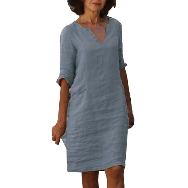 XDZJLR Women's Dresses And Linen Short Sleeve Holiday Semi V Neck Mini Solid Color Skirt