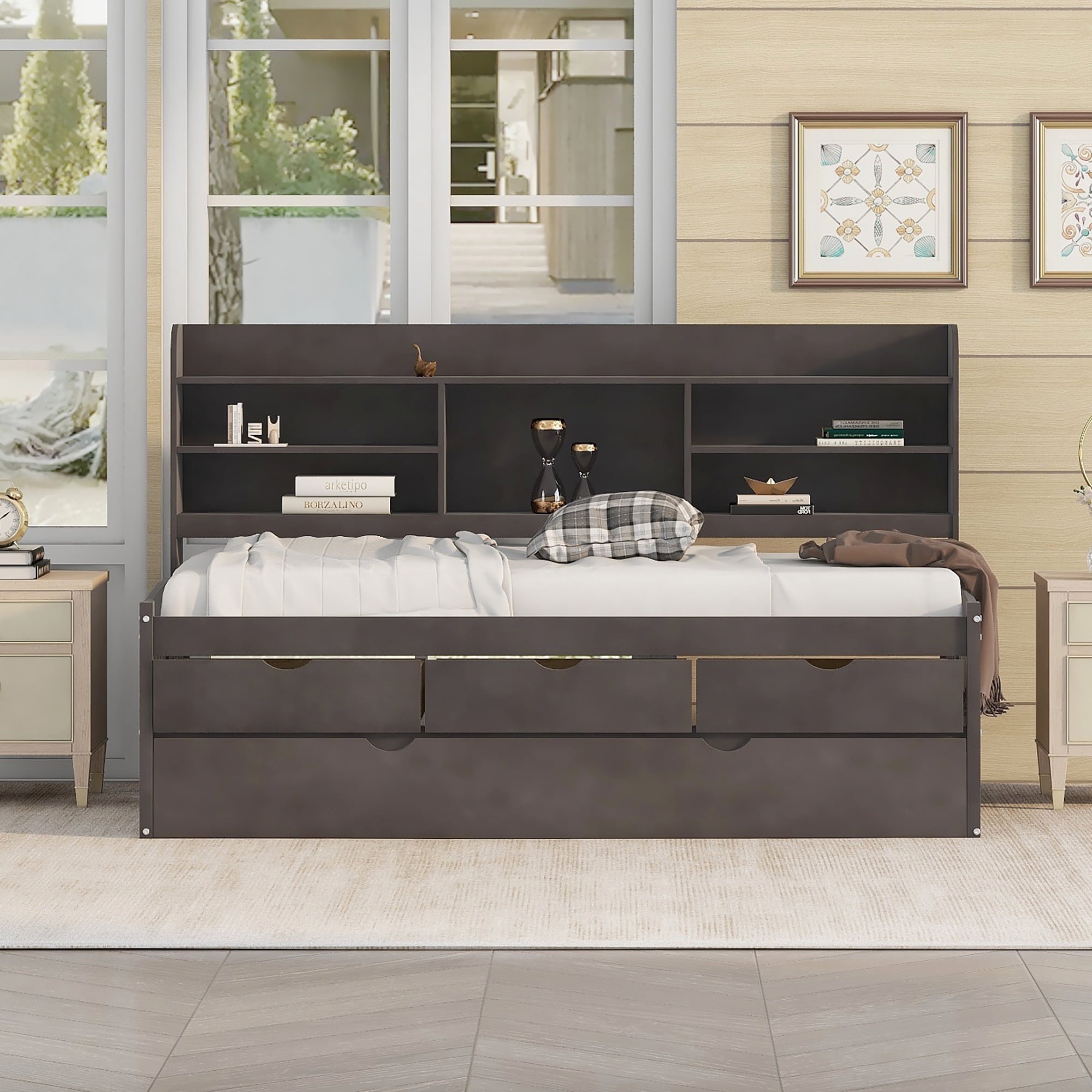 EUROCO Twin Size Captain Bed, Daybed with Trundle and Bookcase, Drawers and Shelf Platform, Espresso