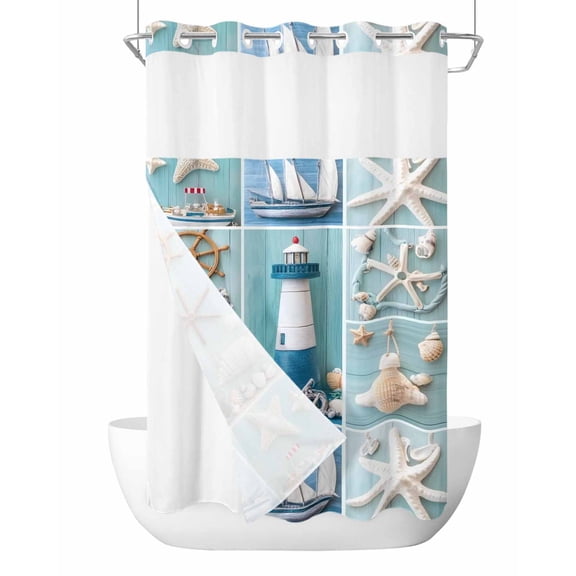 No Hook Cloth Fabric Shower Curtain with Snap in Liner, Nautical Lighthouse Waterproof Shower Curtains Set with See Through Top Window, Ocean Starfish Anchor Sailboat Shell Bath Curtains 36"x72"
