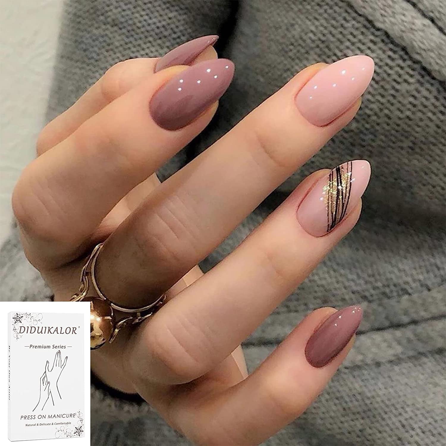 24Pcs Medium Press on Nails Pink Almond Shape Fake Nails Gold  Glitter Artificial False Nails Glossy Full Cover Line Acrylic Nails with  Design for Women and Girls | Walmart Canada