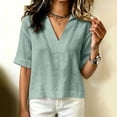 thumbnail image 4 of Ruimatai Women's Notch Collar V-Neck Rolled Cuff Short Sleeve Loose Fit Casual Blouses for Women Summer Everyday & Office Wear, 4 of 5