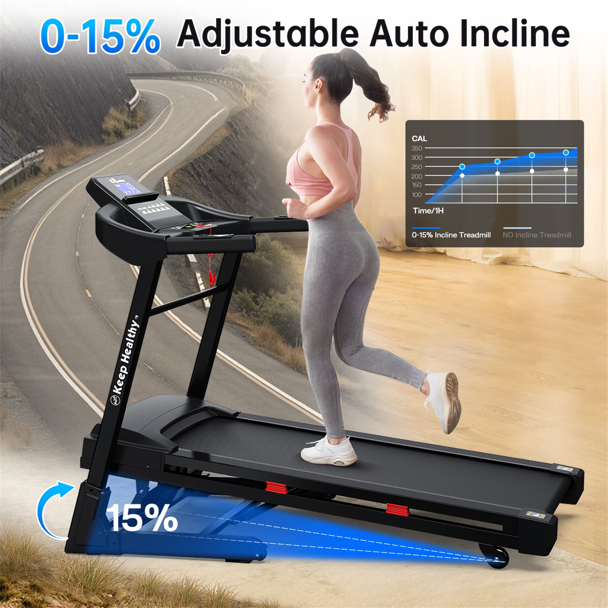 Aukfa Treadmill with Auto Incline, 400 lb Capacity, 3.25 HP Folding Electric Treadmill Running Machine 10 mph Max Speed