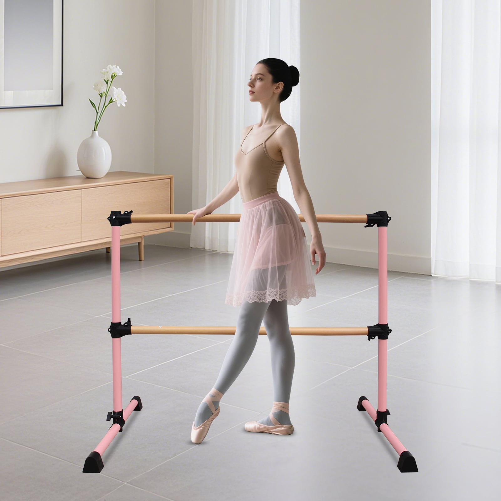 Solid Wood Ballet Barre 4FT with Adjustable Height 6.7-46 Inches, Professional Dance Practice Barre with Rotatable Base for Home, Studio, Adjustable, Pink