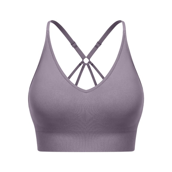 MGDXOX Strappy V Neck Sport Bra for Women Padded Seamless Wireless Supportive Racerback Criss Cross Workout Yoga Bra Purple L