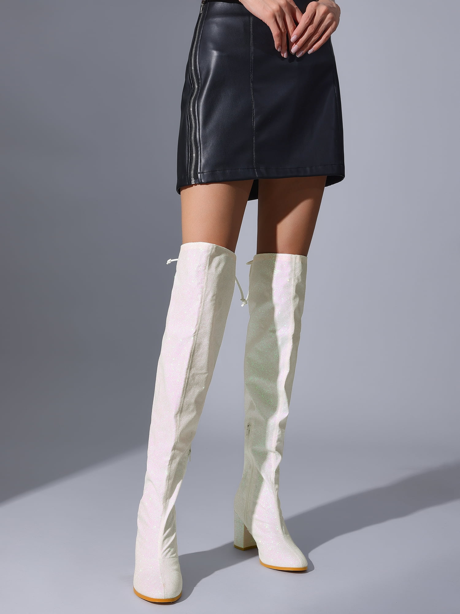 DARING DIVA Women's Glitter Round Toe Chunky Heel Over the Knee High Boots White 8.5