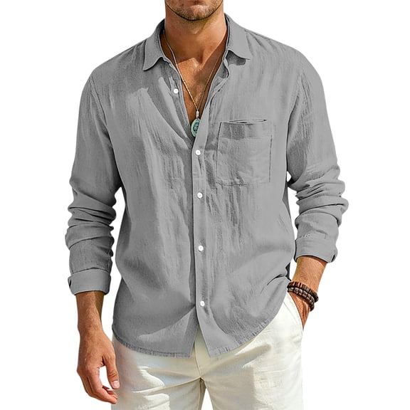 Fabrcox S-4XL Men Linen Button Down Shirts Roll Up Collared Men Shirts Long Sleeve Sun Protection Vacation Travel Summer Beach Shirt Men with Pocket Gray M