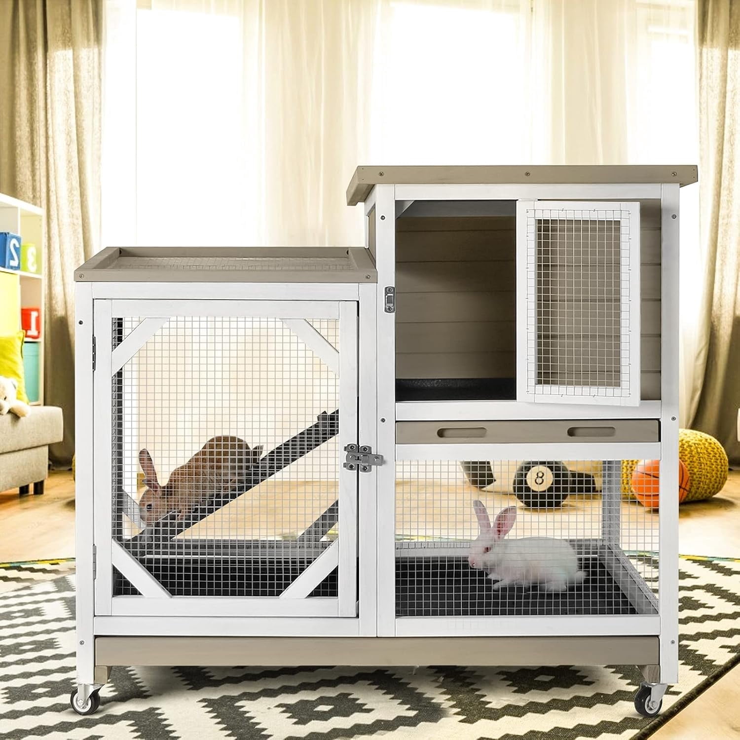 BUTINGLALE Indoor Outdoor Rabbit Hutch, Bunny Cage on Wheels with 2 Deep No Leakage Pull Out Trays (Without Bottom Wire Mocca)