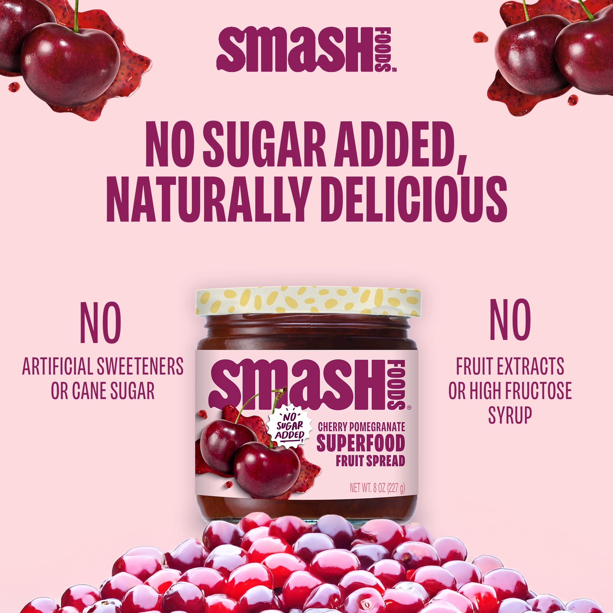 Smash Foods Cherry Pomegranate Jam, No Sugar Added, Low-Calorie, Vegan (6 Jars)